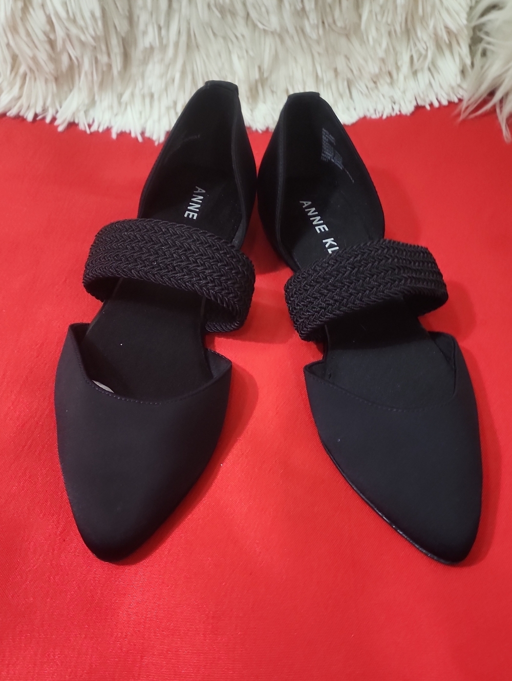 Anne Klein Obila Black Pointed D'Orsay Flats with Braided Strap